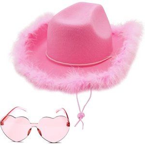 Cowboy Hat with feathers Heart Shaped Sunglasses for Women, Women Party Dress Up